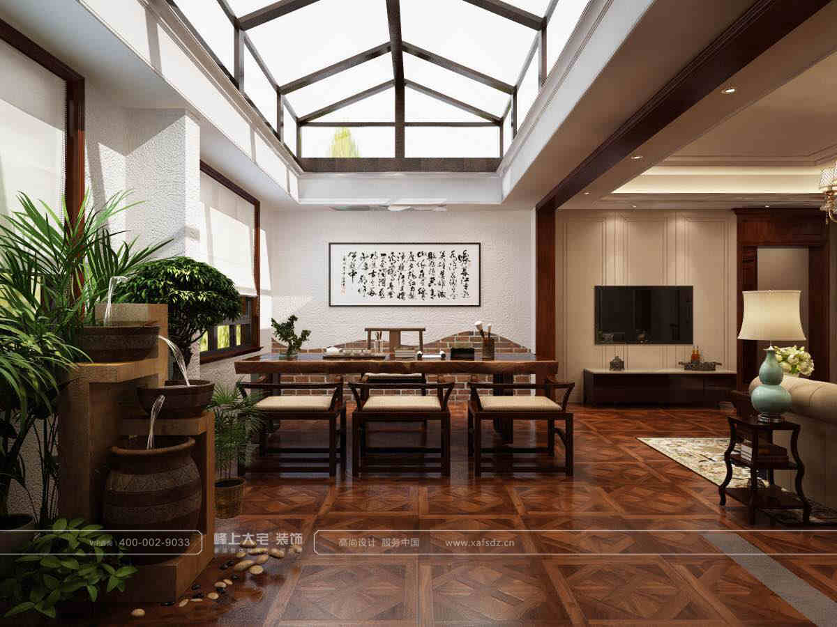 二层新中式的阳光房追求的是简约而实用的美感，中式的家具既保留了东方经典又适合现代人居住方式，以新的元素与手法在家中繁衍出美的空间。